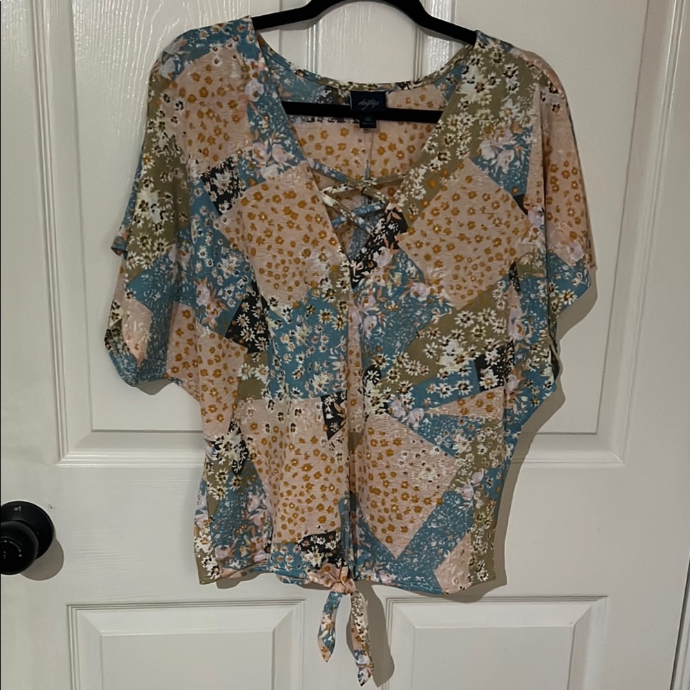 Daytrip Blue and Tan Asymmetrical Tie Front Blouse